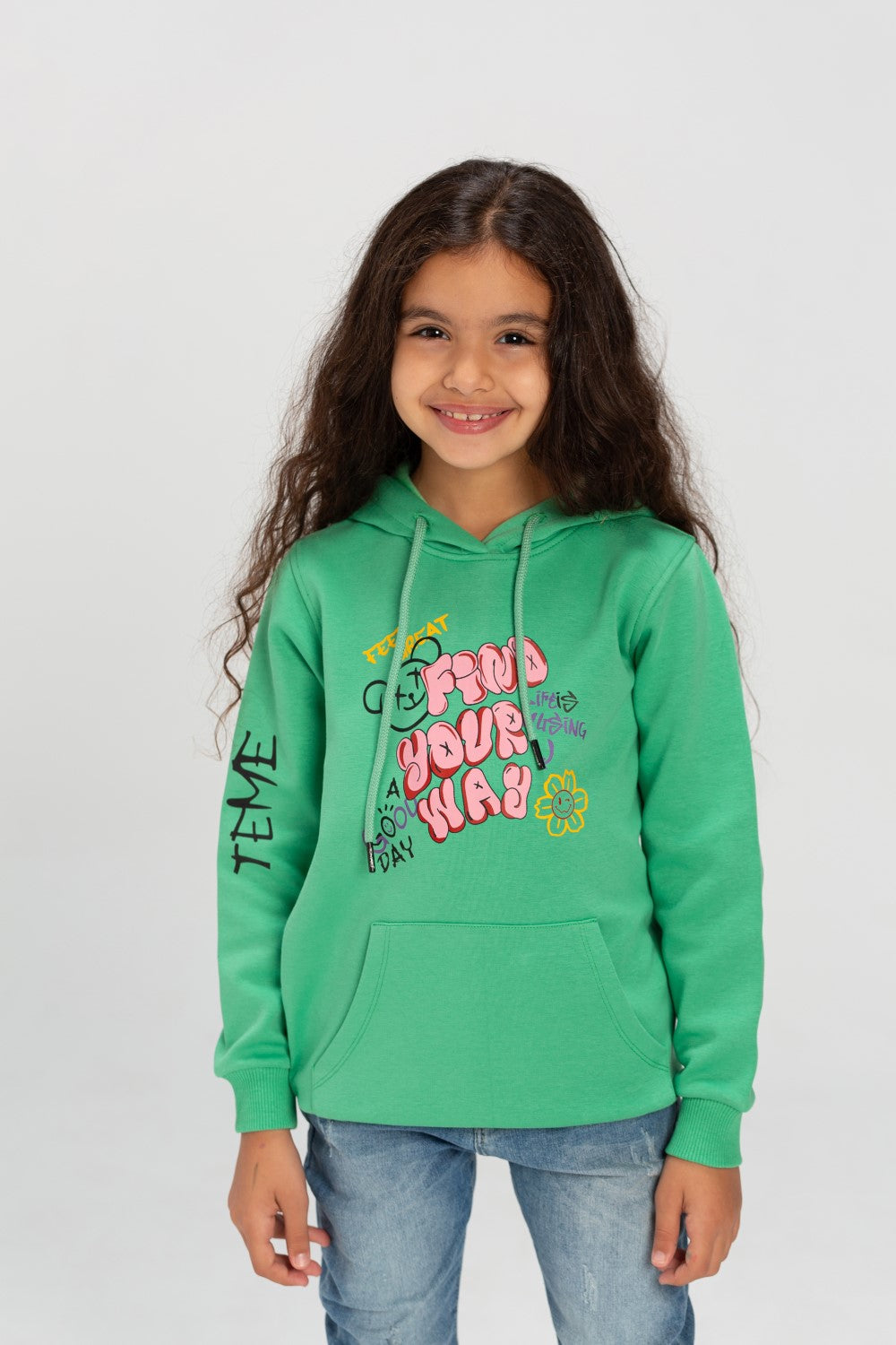 Girl's Hooded Crew Neck Long Sleeves Front Printed Padded Sweatshirt