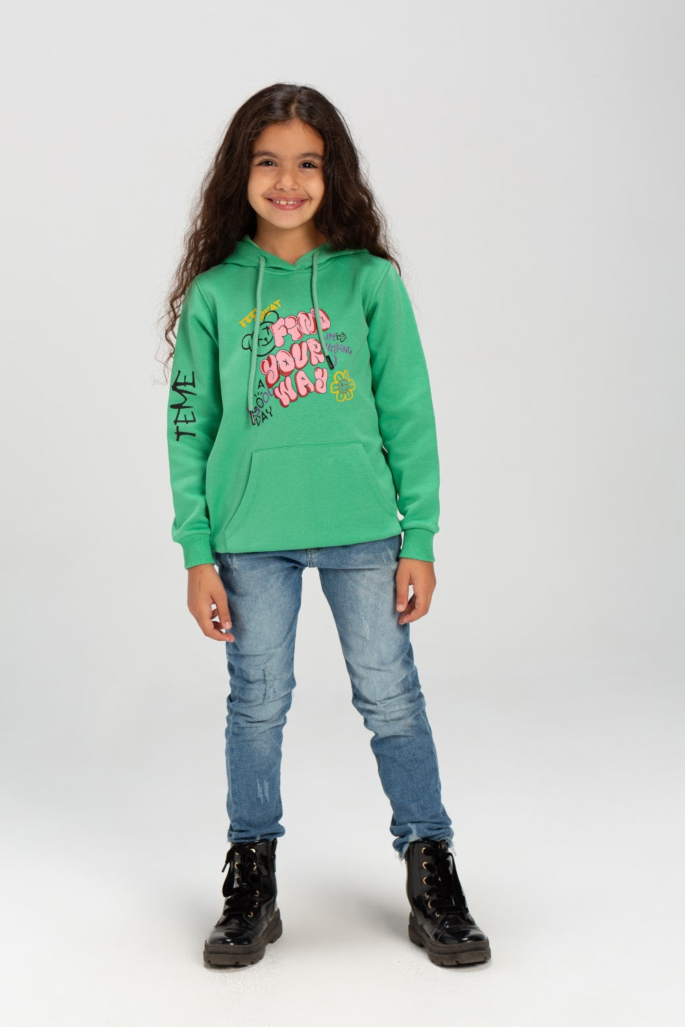 Girl's Hooded Crew Neck Long Sleeves Front Printed Padded Sweatshirt