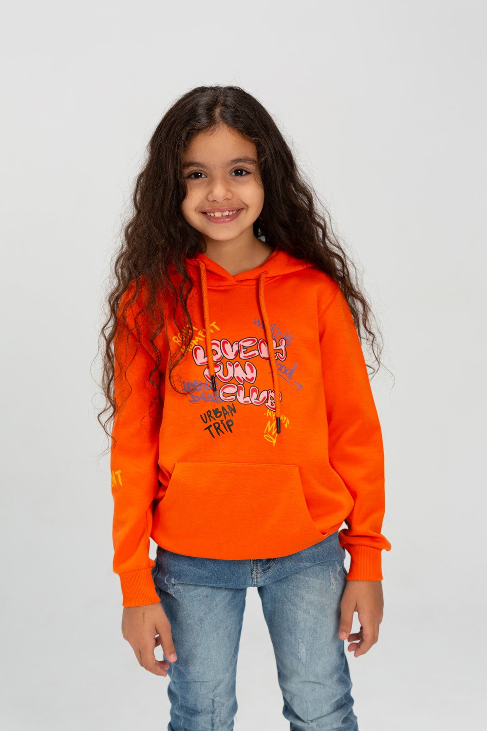 Girl's Hooded Round Neck Long Sleeves Front Printed Padded Sweatshirt