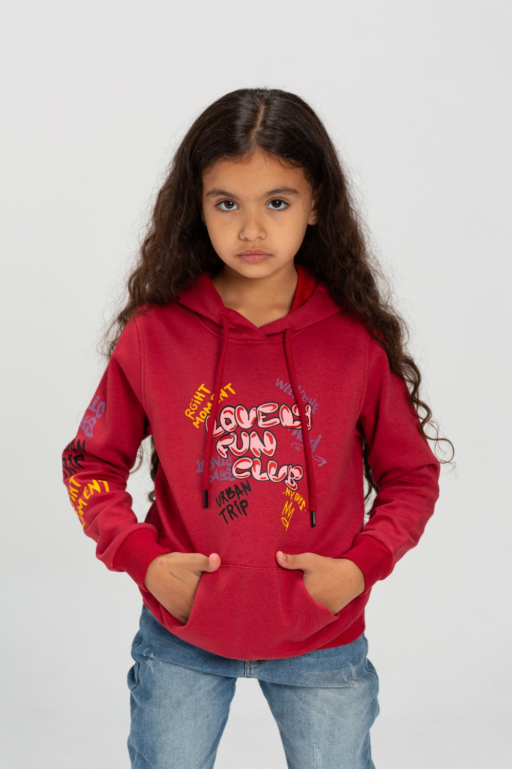 Girl's Hooded Round Neck Long Sleeves Front Printed Padded Sweatshirt