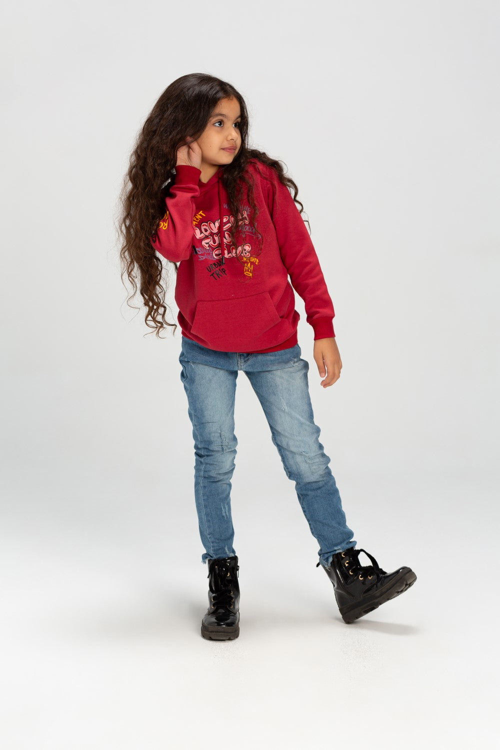 Girl's Hooded Round Neck Long Sleeves Front Printed Padded Sweatshirt