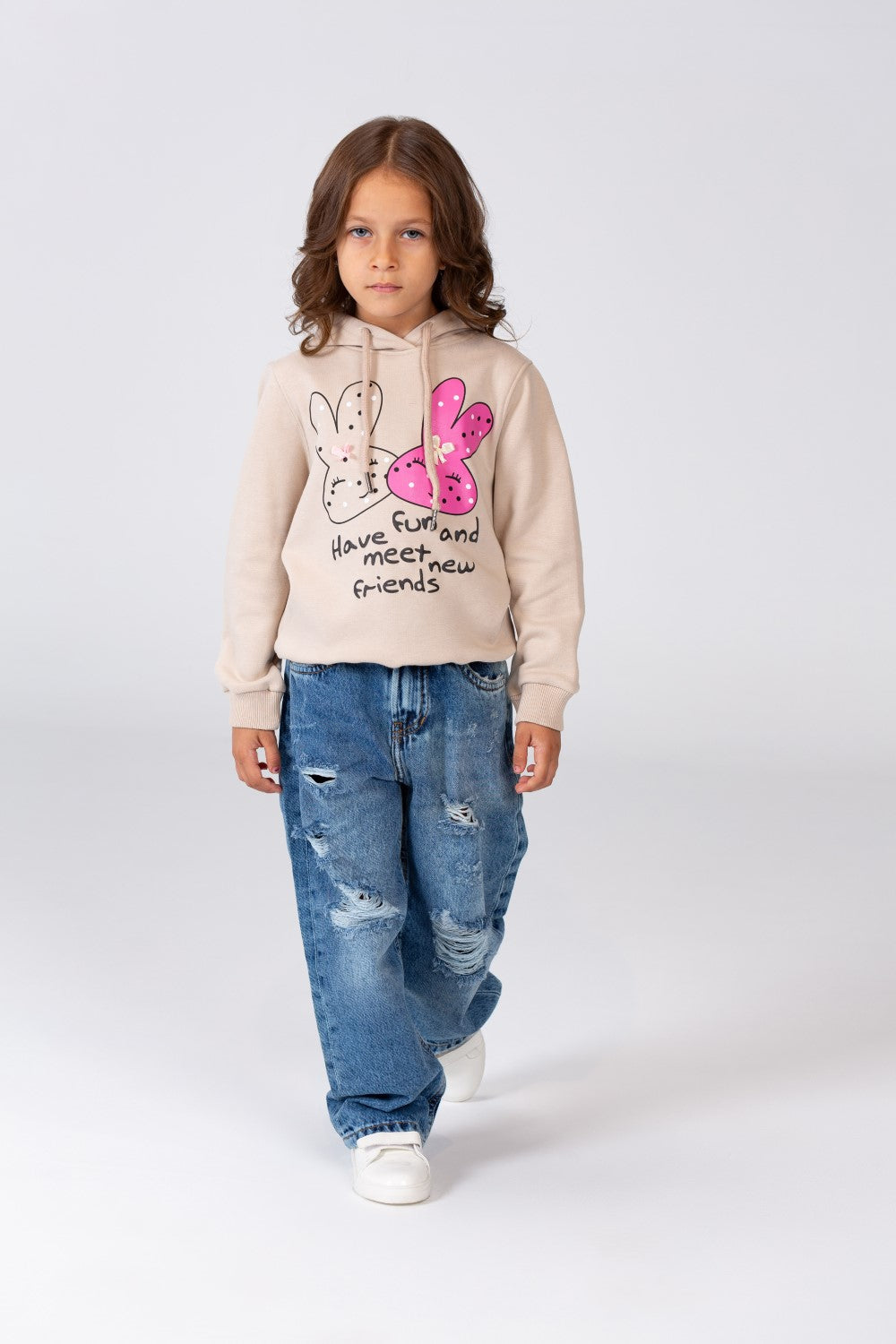 Girl's Hoodie Sweatshirt With Front Print Made Of Melton With A Breathable Material