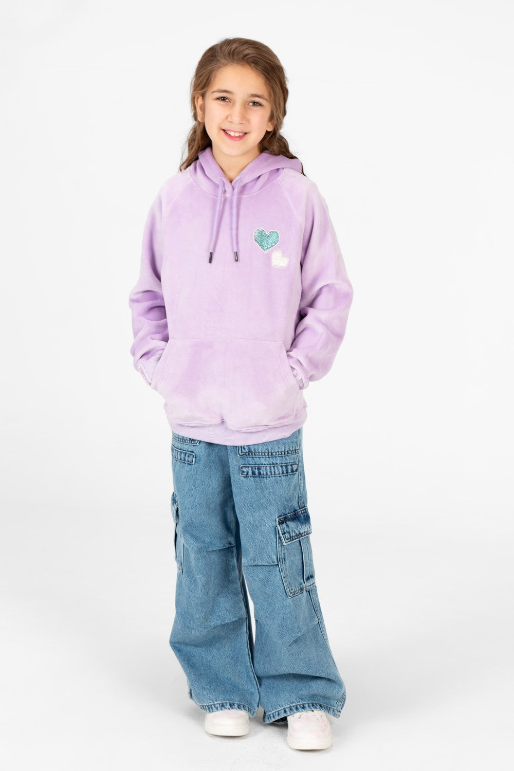 Girl's Heart Print Hoodie Sweatshirt With Kangaroo Pocket