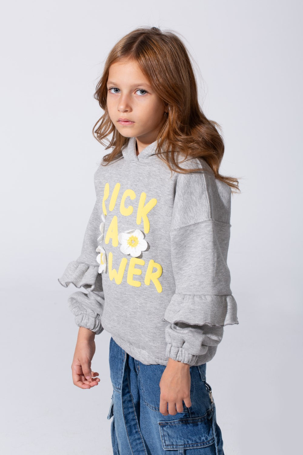 Girl's Ruffles Long Sleeves Hoodie Sweatshirt With A Front Text Print Modern Design