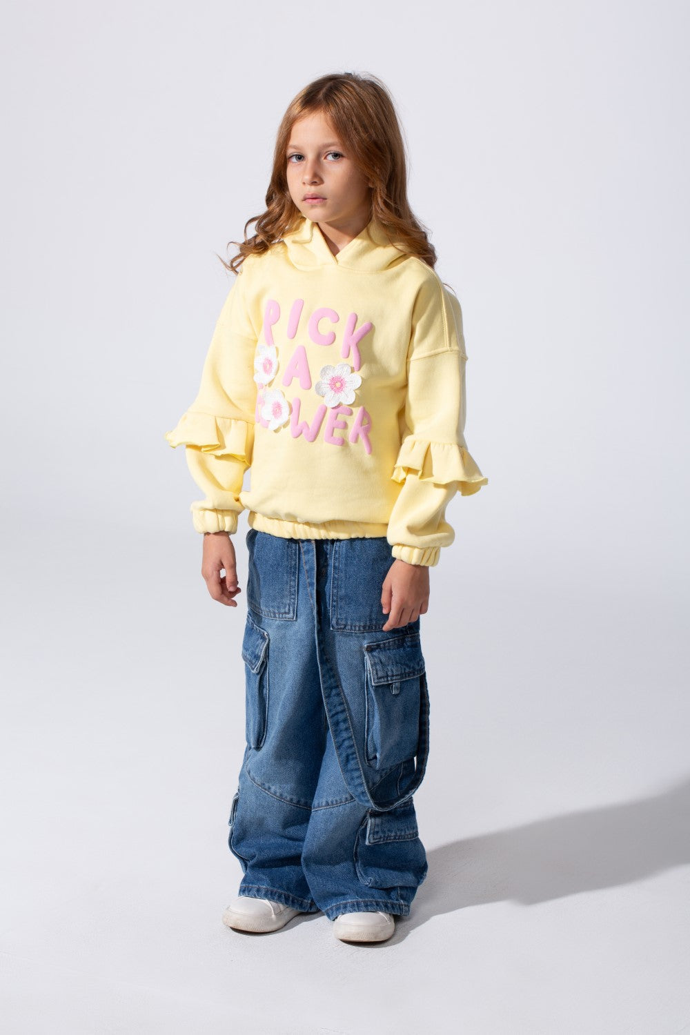 Girl's Ruffles Long Sleeves Hoodie Sweatshirt With A Front Text Print Modern Design