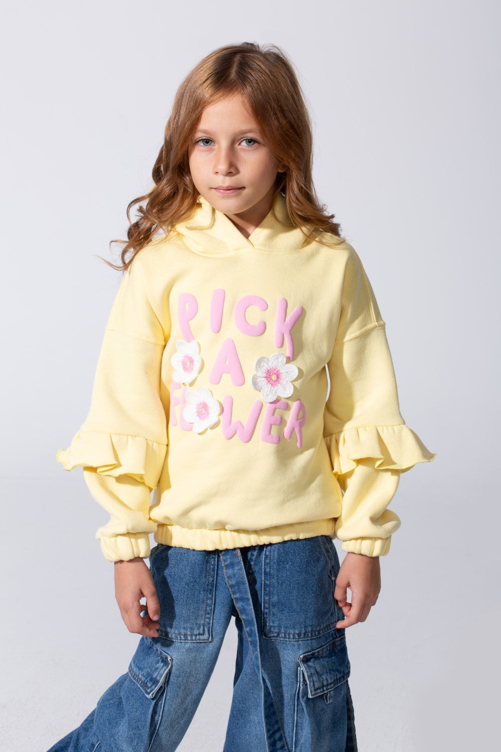 Girl's Ruffles Long Sleeves Hoodie Sweatshirt With A Front Text Print Modern Design