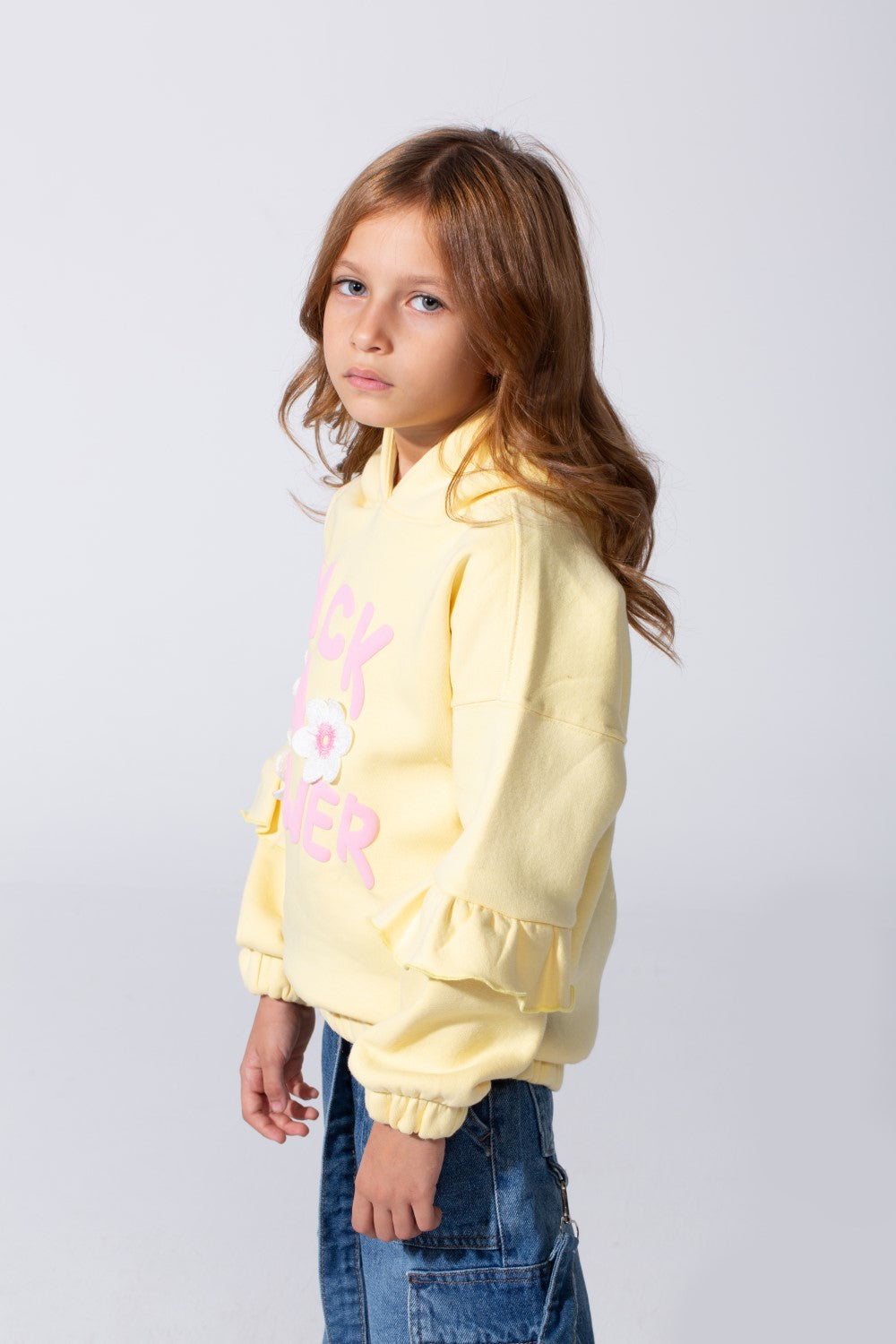 Girl's Ruffles Long Sleeves Hoodie Sweatshirt With A Front Text Print Modern Design