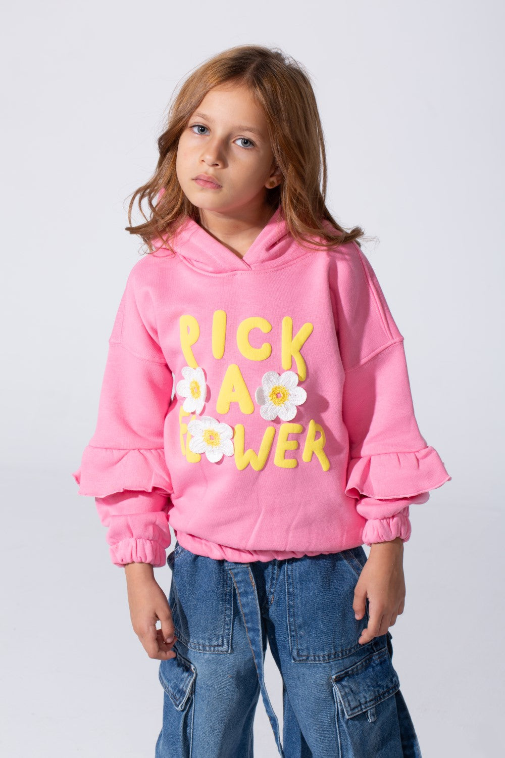 Girl's Ruffles Long Sleeves Hoodie Sweatshirt With A Front Text Print Modern Design