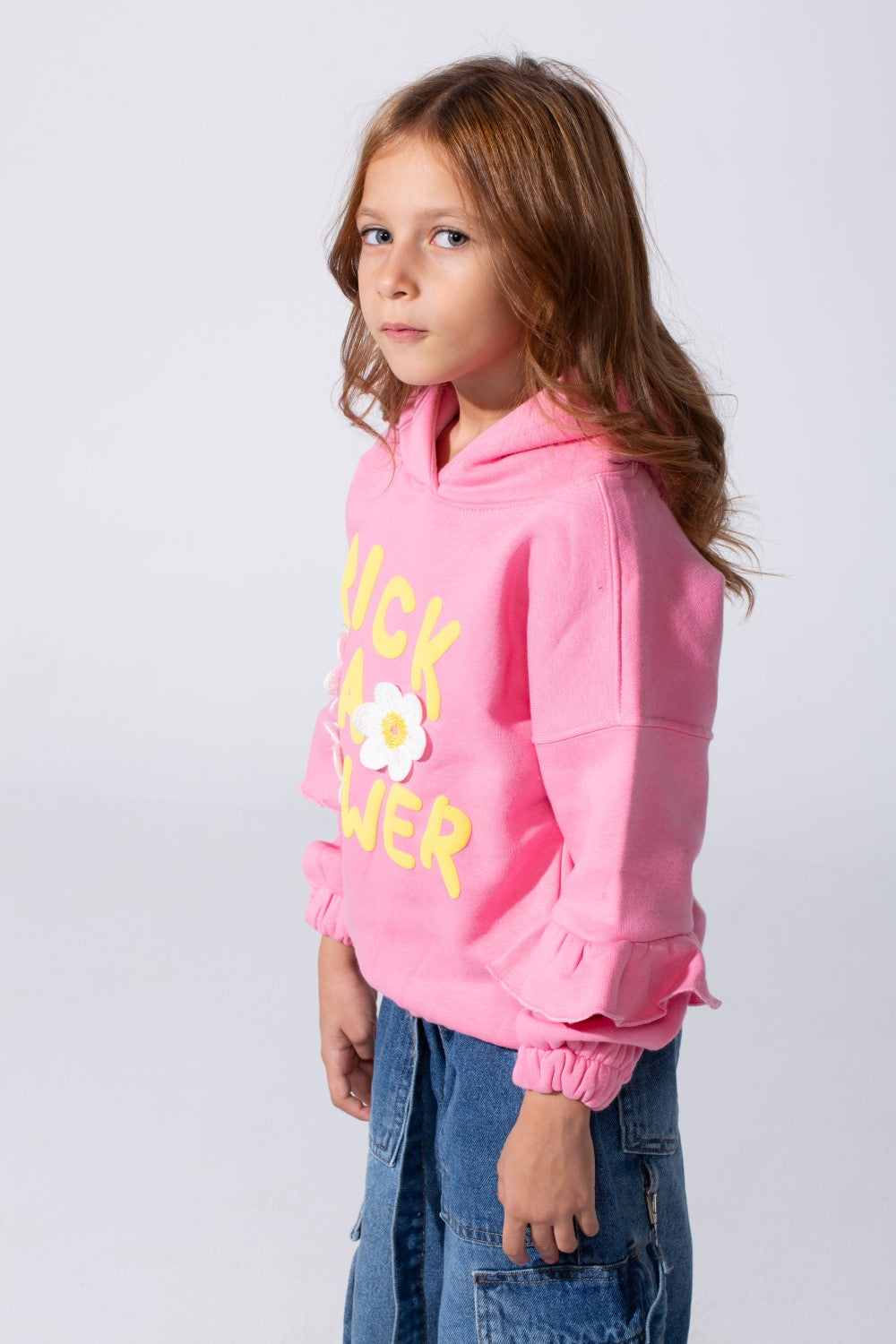 Girl's Ruffles Long Sleeves Hoodie Sweatshirt With A Front Text Print Modern Design