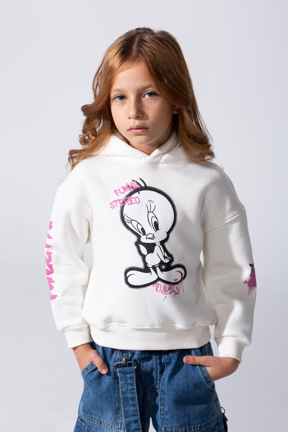 Girl's Slim Fit Melton Hoodie Sweatshirt With Long Sleeves And Front Print