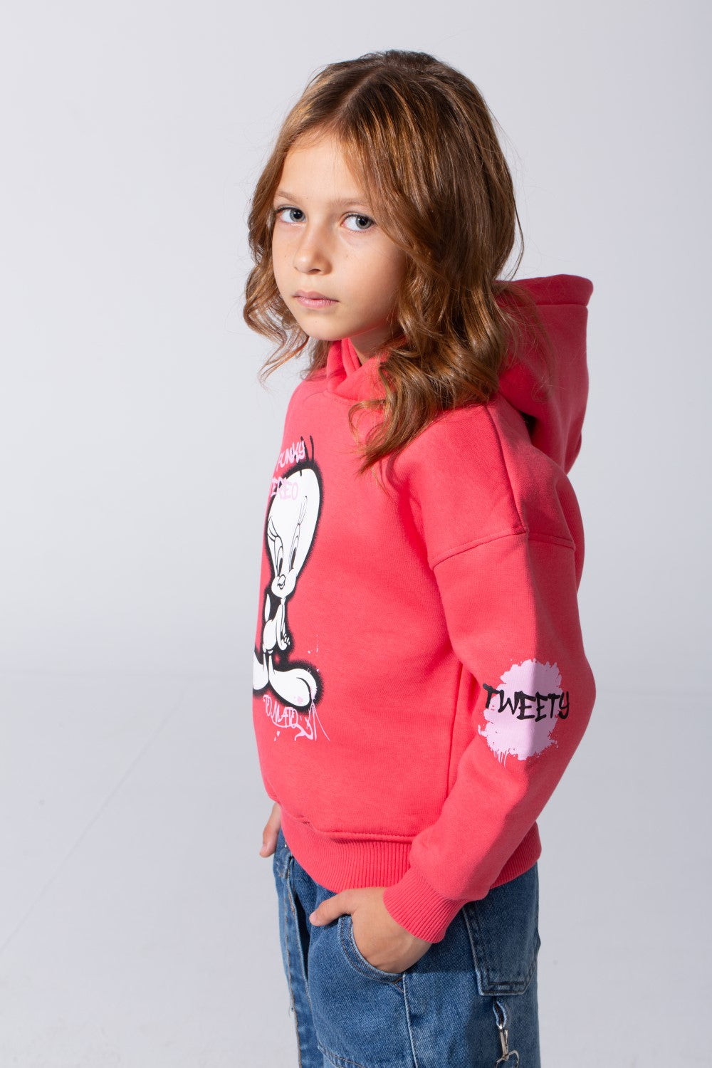 Girl's Slim Fit Melton Hoodie Sweatshirt With Long Sleeves And Front Print