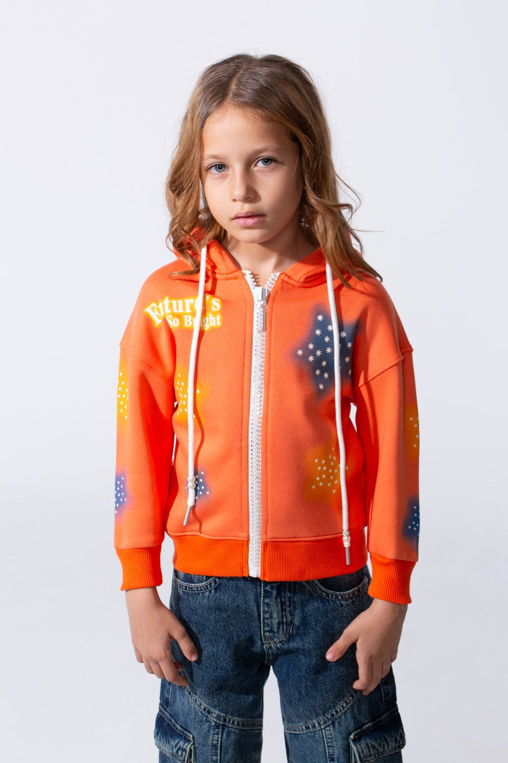 Girl's Hood Sweatshirt With Zipper Featuring Star Prints