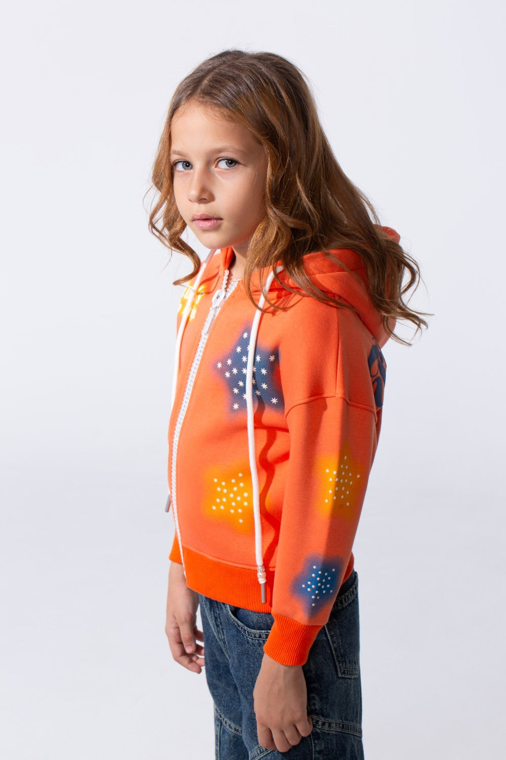 Girl's Hood Sweatshirt With Zipper Featuring Star Prints