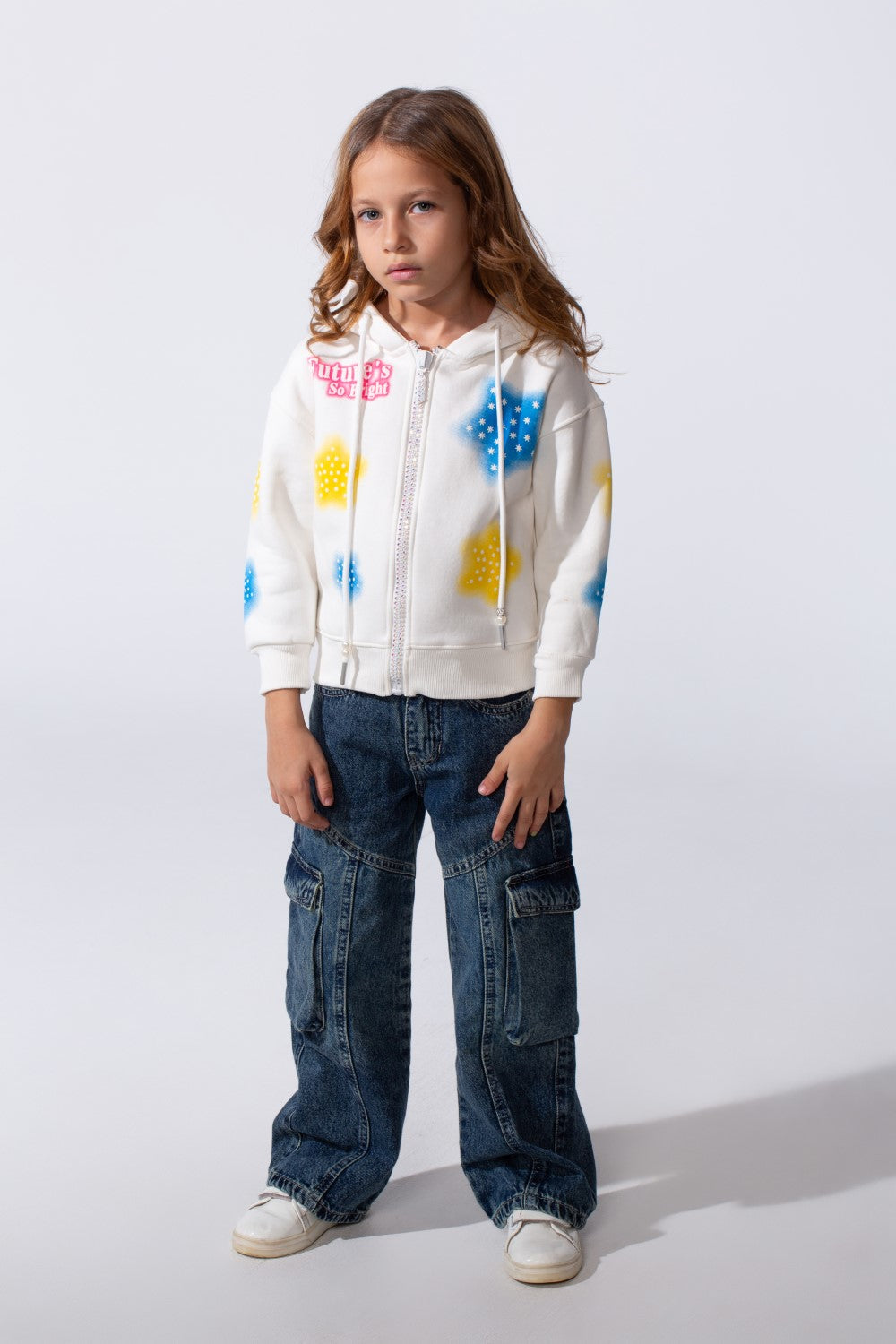 Girl's Hood Sweatshirt With Zipper Featuring Star Prints