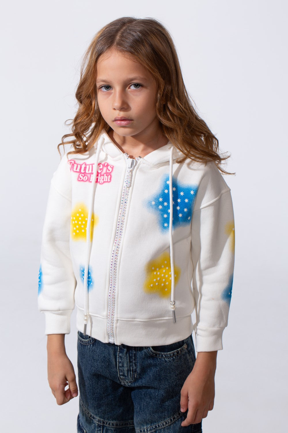 Girl's Hood Sweatshirt With Zipper Featuring Star Prints