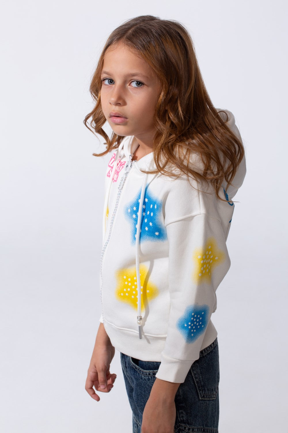 Girl's Hood Sweatshirt With Zipper Featuring Star Prints