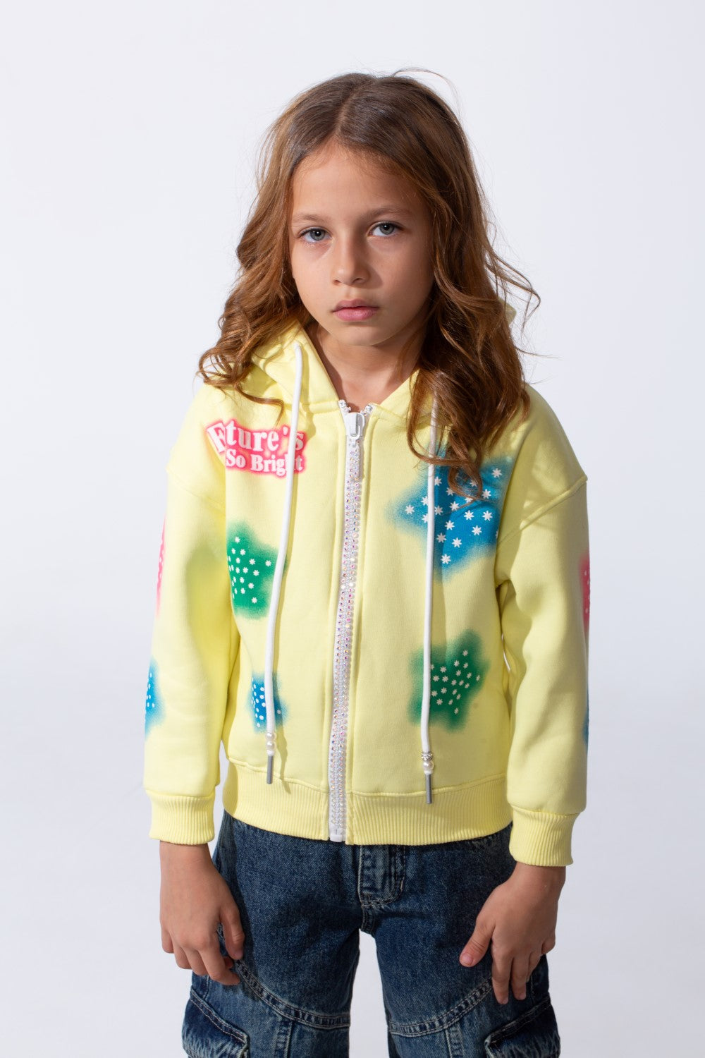 Girl's Hood Sweatshirt With Zipper Featuring Star Prints