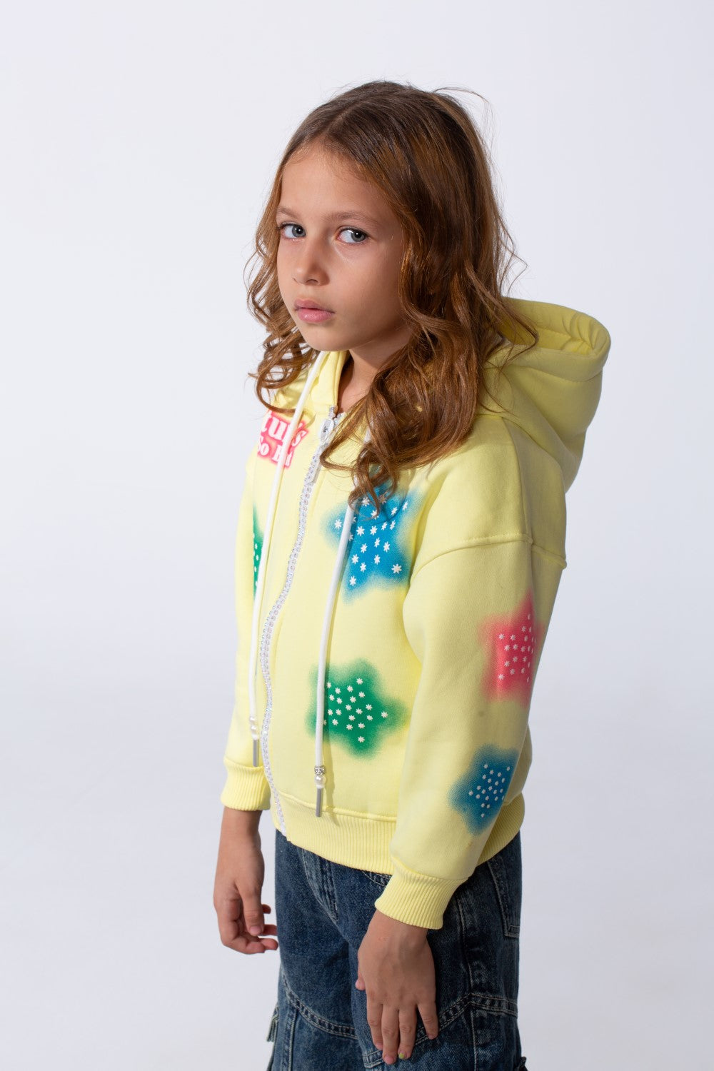 Girl's Hood Sweatshirt With Zipper Featuring Star Prints