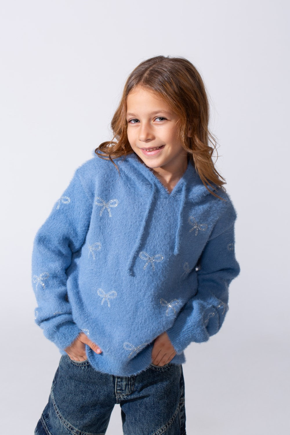 Girl's Long Sleeved Bow Prints Hood Pullover