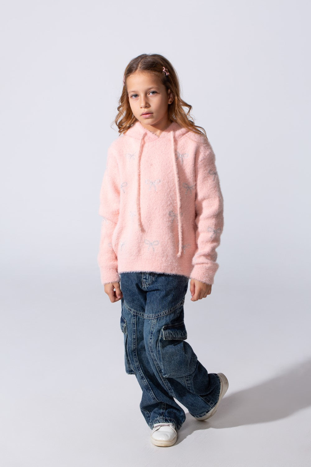 Girl's Long Sleeved Bow Prints Hood Pullover