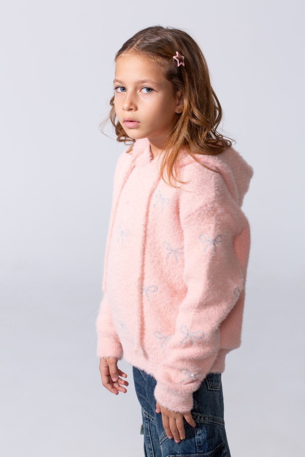 Girl's Long Sleeved Bow Prints Hood Pullover