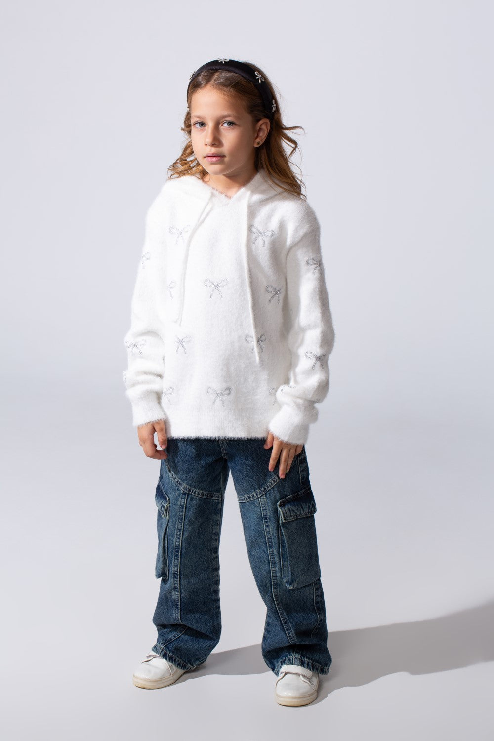 Girl's Long Sleeved Bow Prints Hood Pullover