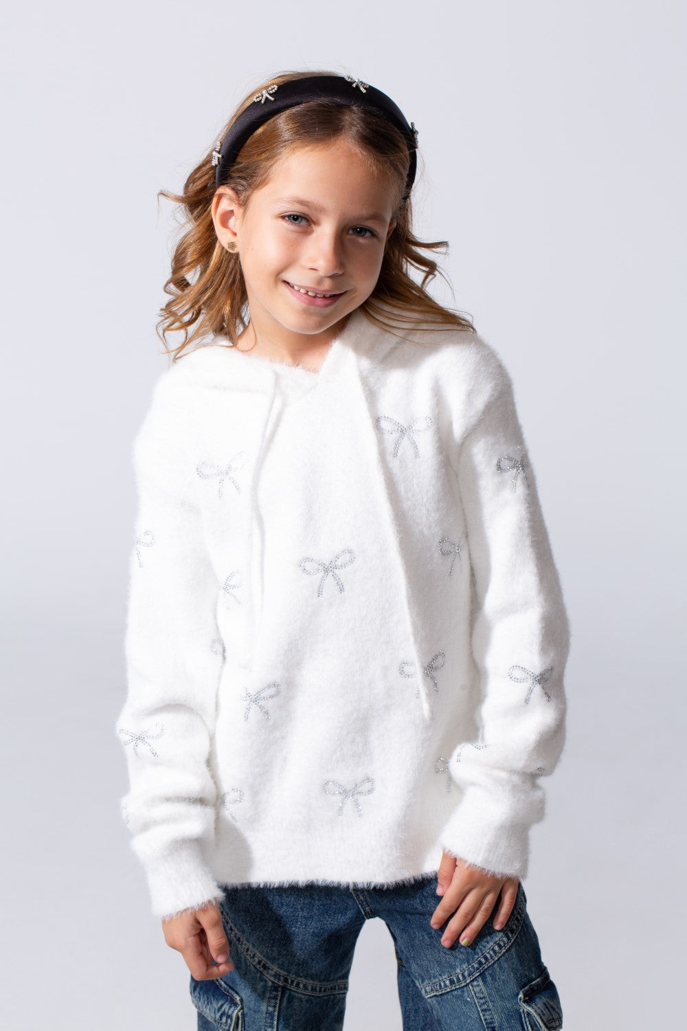 Girl's Long Sleeved Bow Prints Hood Pullover