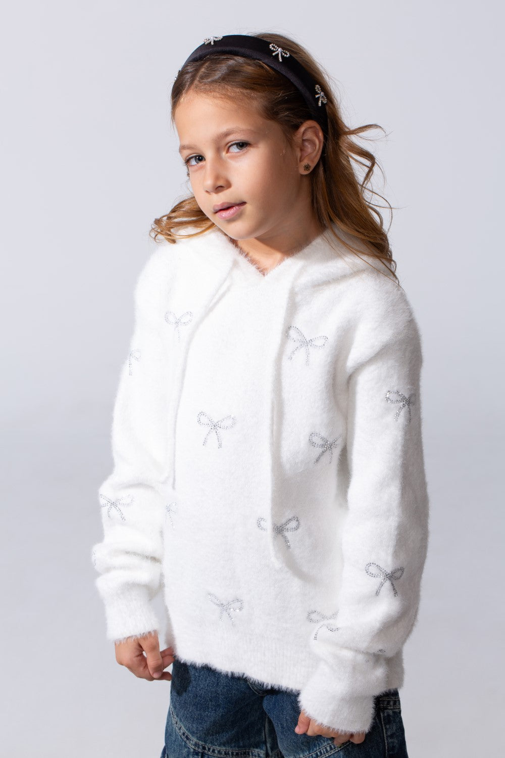 Girl's Long Sleeved Bow Prints Hood Pullover