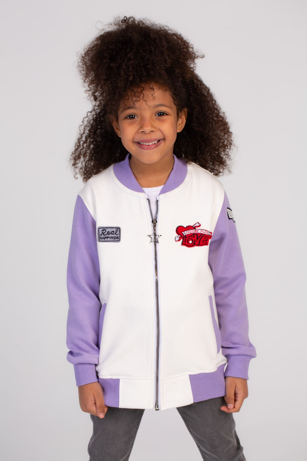 Girl's Full Zipper Padded Front Printed Hooded Padded Round Sweatshirt