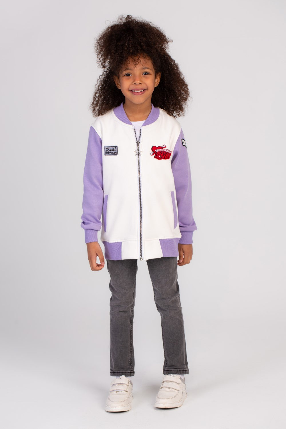 Girl's Full Zipper Padded Front Printed Hooded Padded Round Sweatshirt