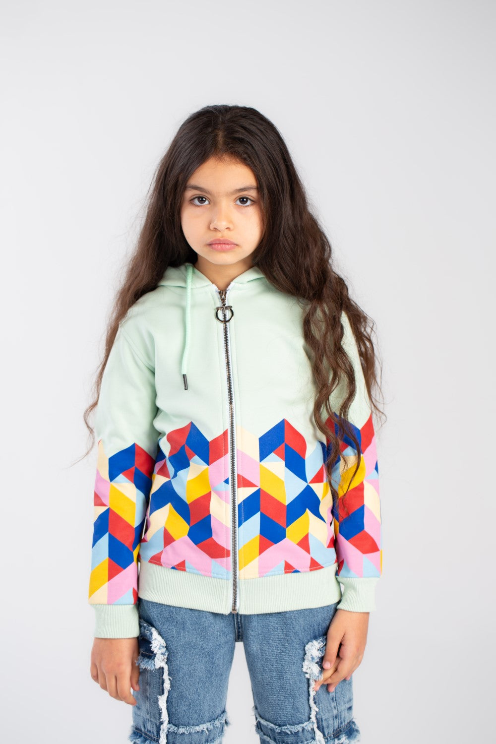Girl's Full Zipper Padded Front & Back Printed Hooded Padded Sweatshirt