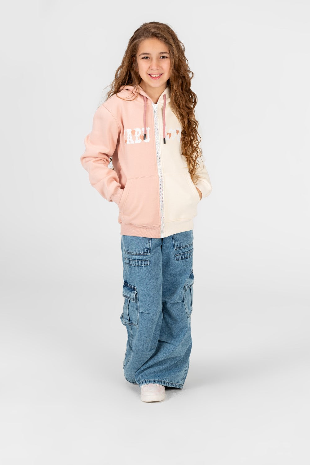 Girl's full zip half & half Hood sweatshirt