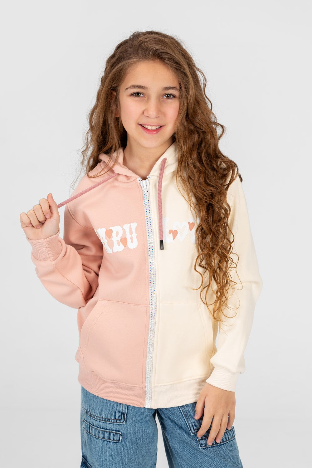 Girl's full zip half & half Hood sweatshirt
