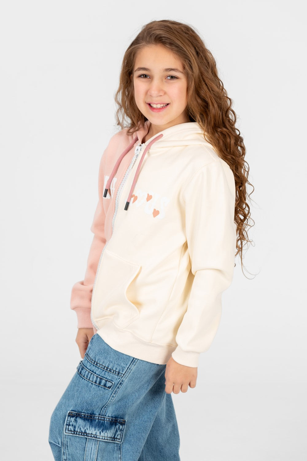Girl's full zip half & half Hood sweatshirt