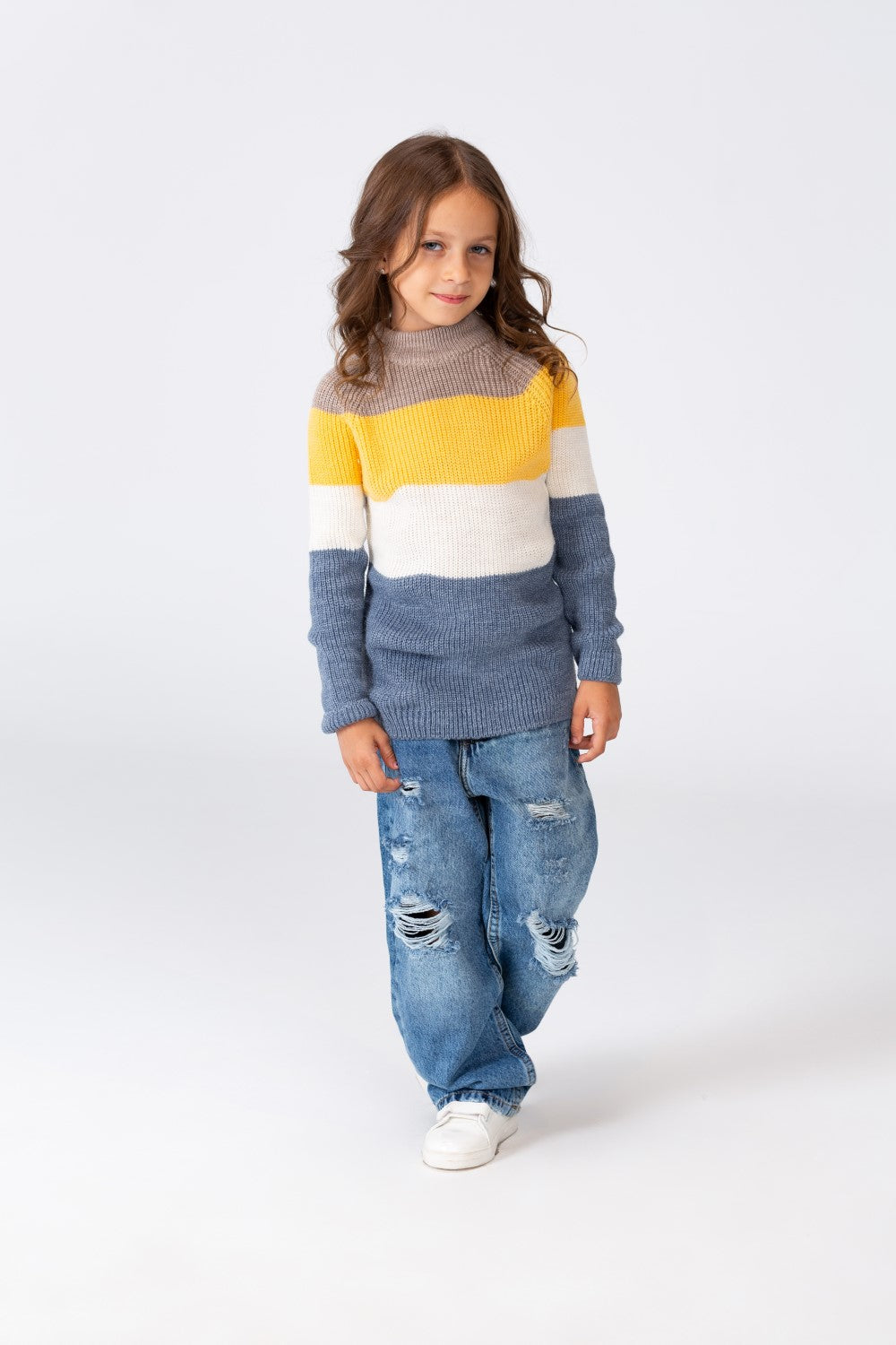 Girl's High Neck Multi Color Pullover With Long Sleeves