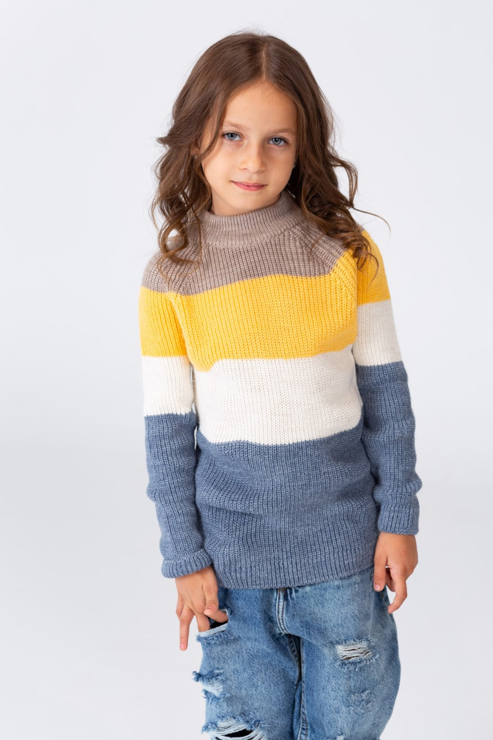 Girl's High Neck Multi Color Pullover With Long Sleeves