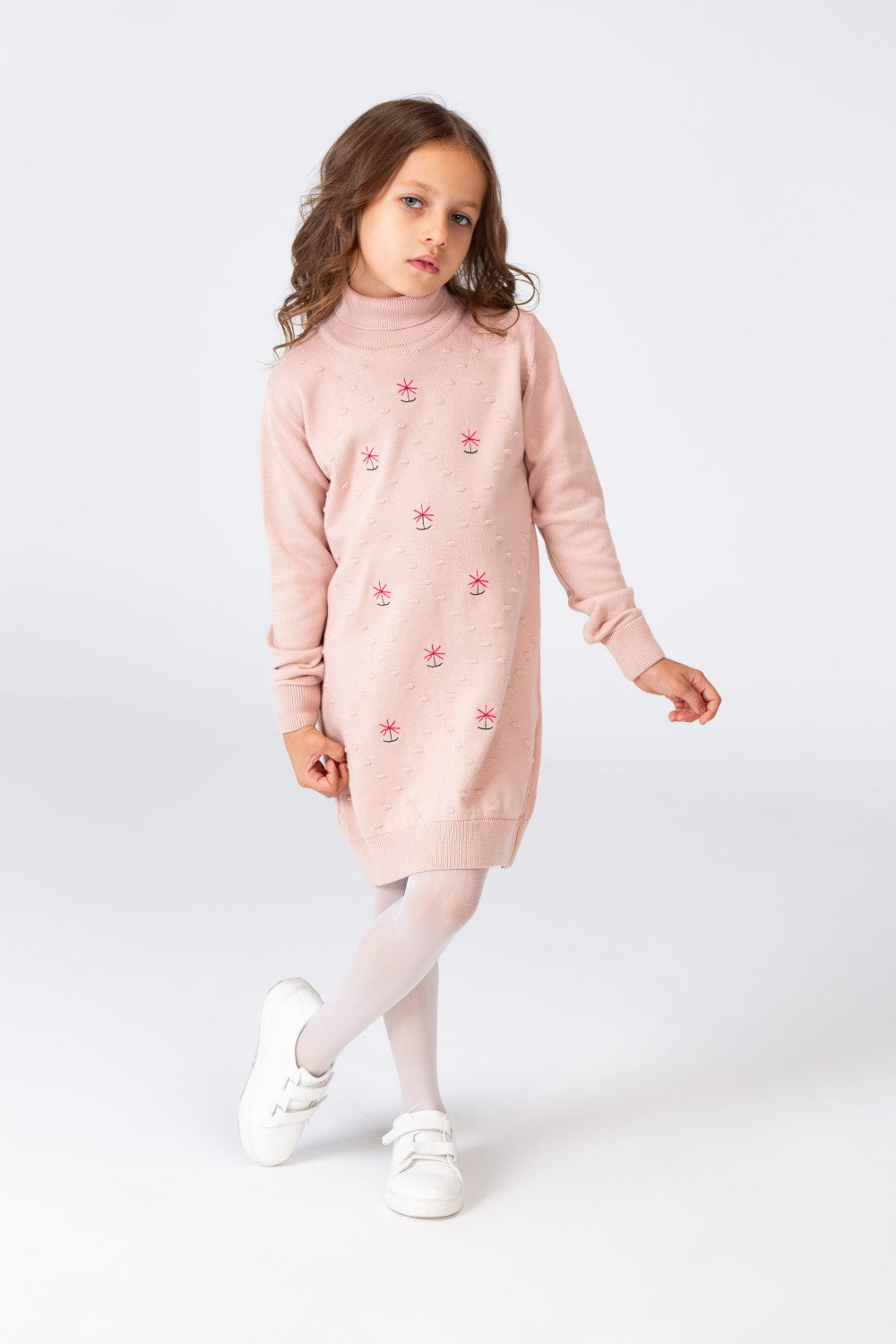 Girl's Long Pullover With High Neck And Long Sleeves Printed With Cotton Material