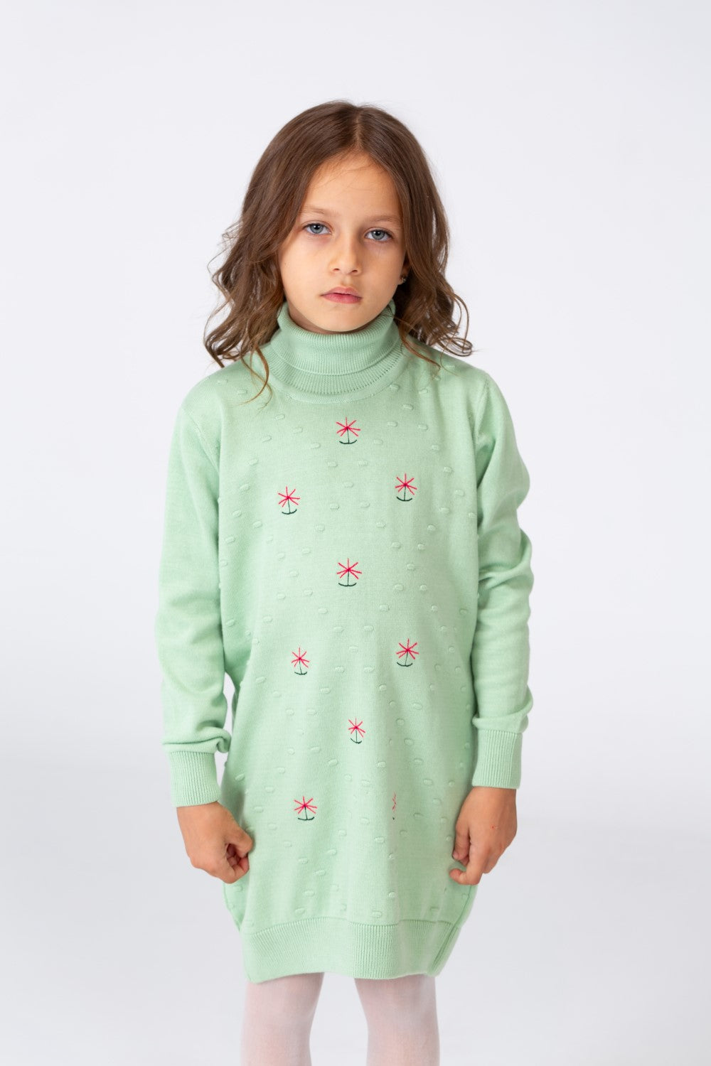 Girl's Long Pullover With High Neck And Long Sleeves Printed With Cotton Material