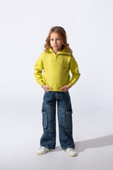 Girl's Basic Long Sleeves Pullover With A High Neck & Half Front Zipper
