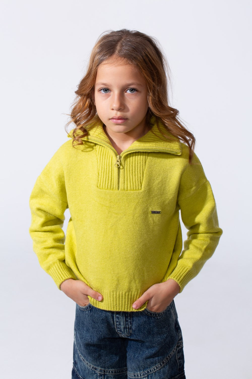 Girl's Basic Long Sleeves Pullover With A High Neck & Half Front Zipper