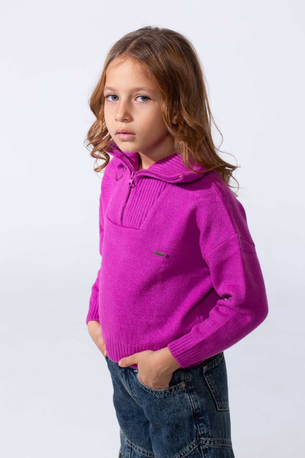 Girl's Basic Long Sleeves Pullover With A High Neck & Half Front Zipper