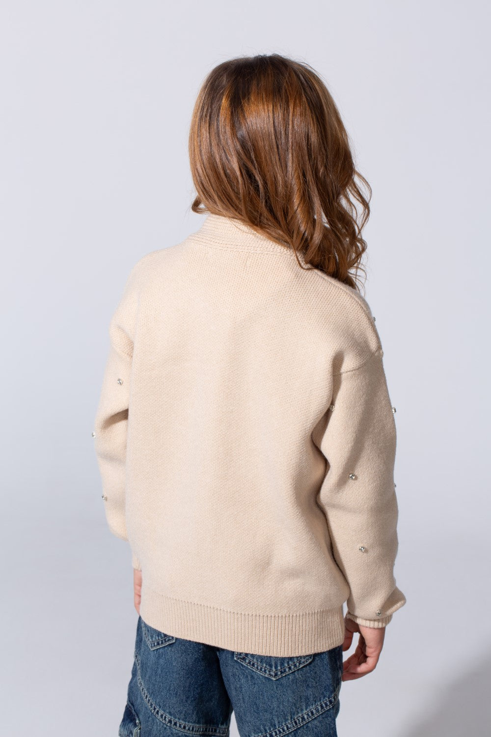 Girl's Knitted Zipper Pullover With Rhinestones And Side Pockets