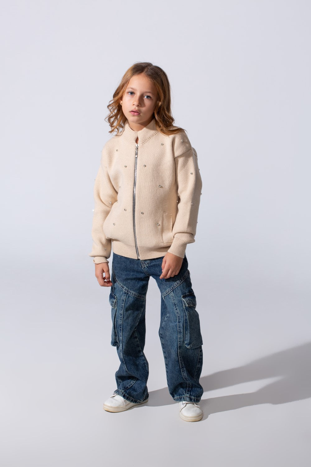 Girl's Knitted Zipper Pullover With Rhinestones And Side Pockets