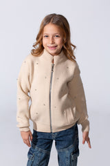 Girl's Knitted Zipper Pullover With Rhinestones And Side Pockets