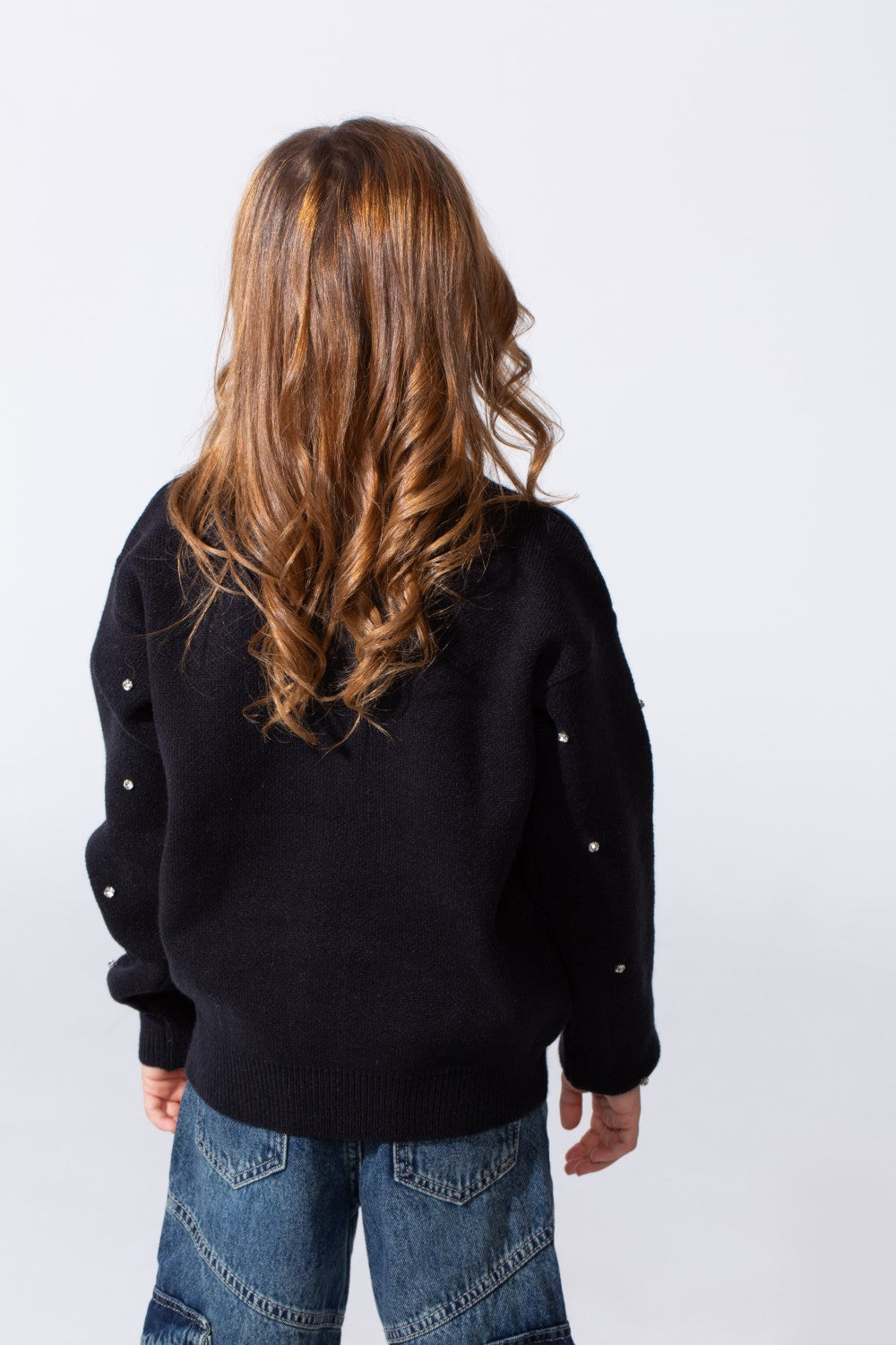 Girl's Knitted Zipper Pullover With Rhinestones And Side Pockets