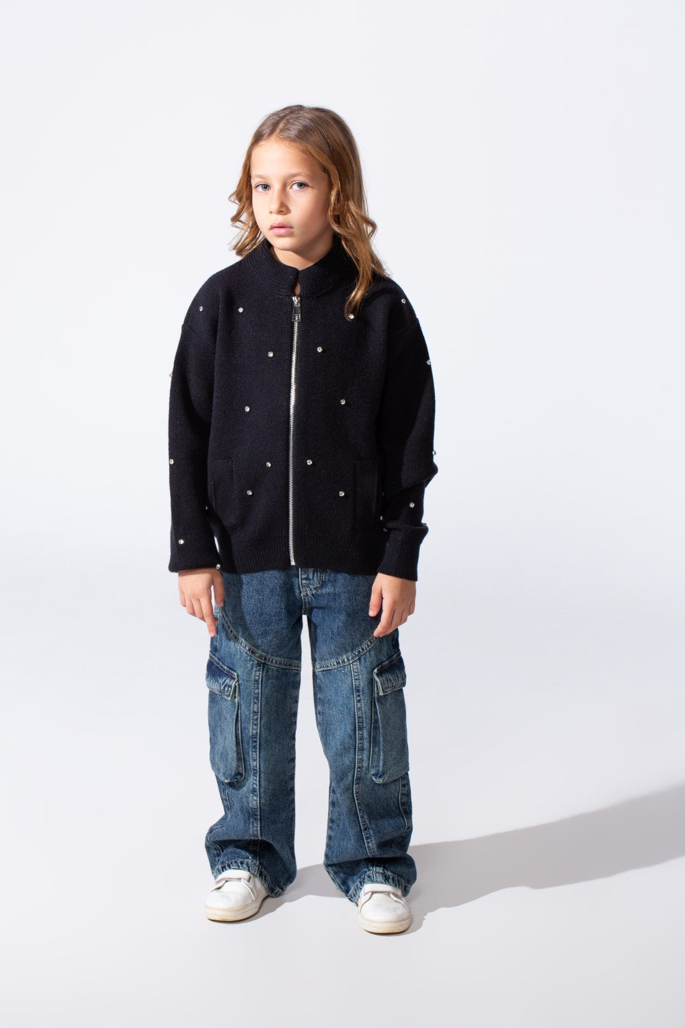 Girl's Knitted Zipper Pullover With Rhinestones And Side Pockets