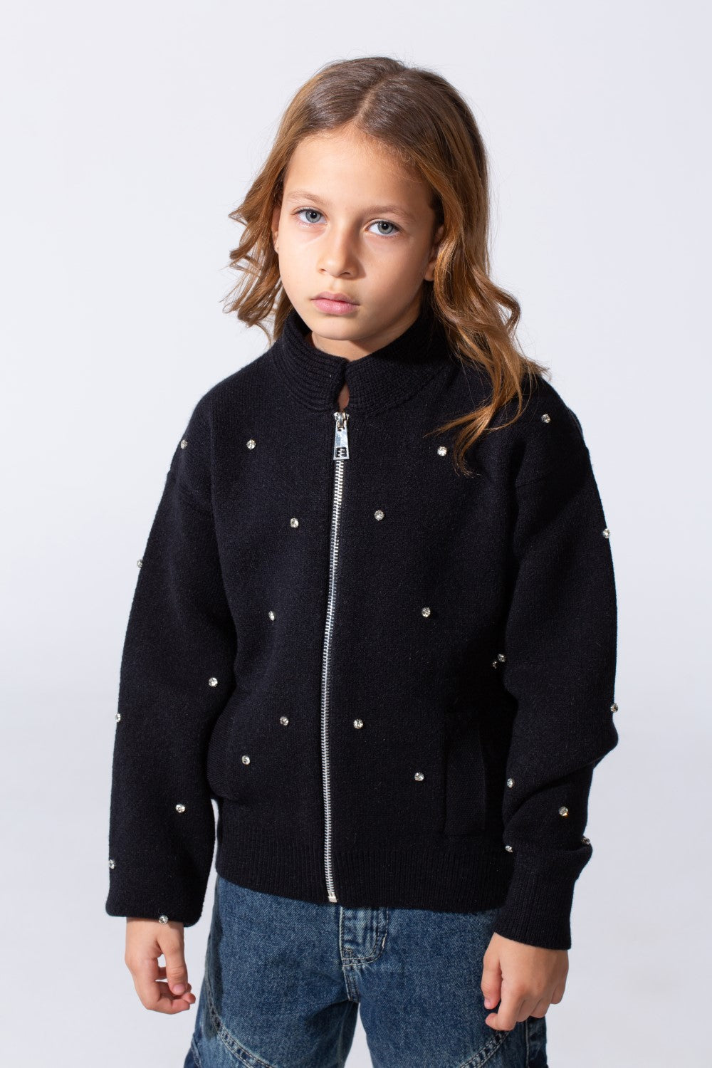 Girl's Knitted Zipper Pullover With Rhinestones And Side Pockets