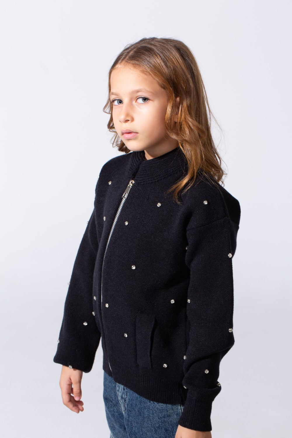 Girl's Knitted Zipper Pullover With Rhinestones And Side Pockets