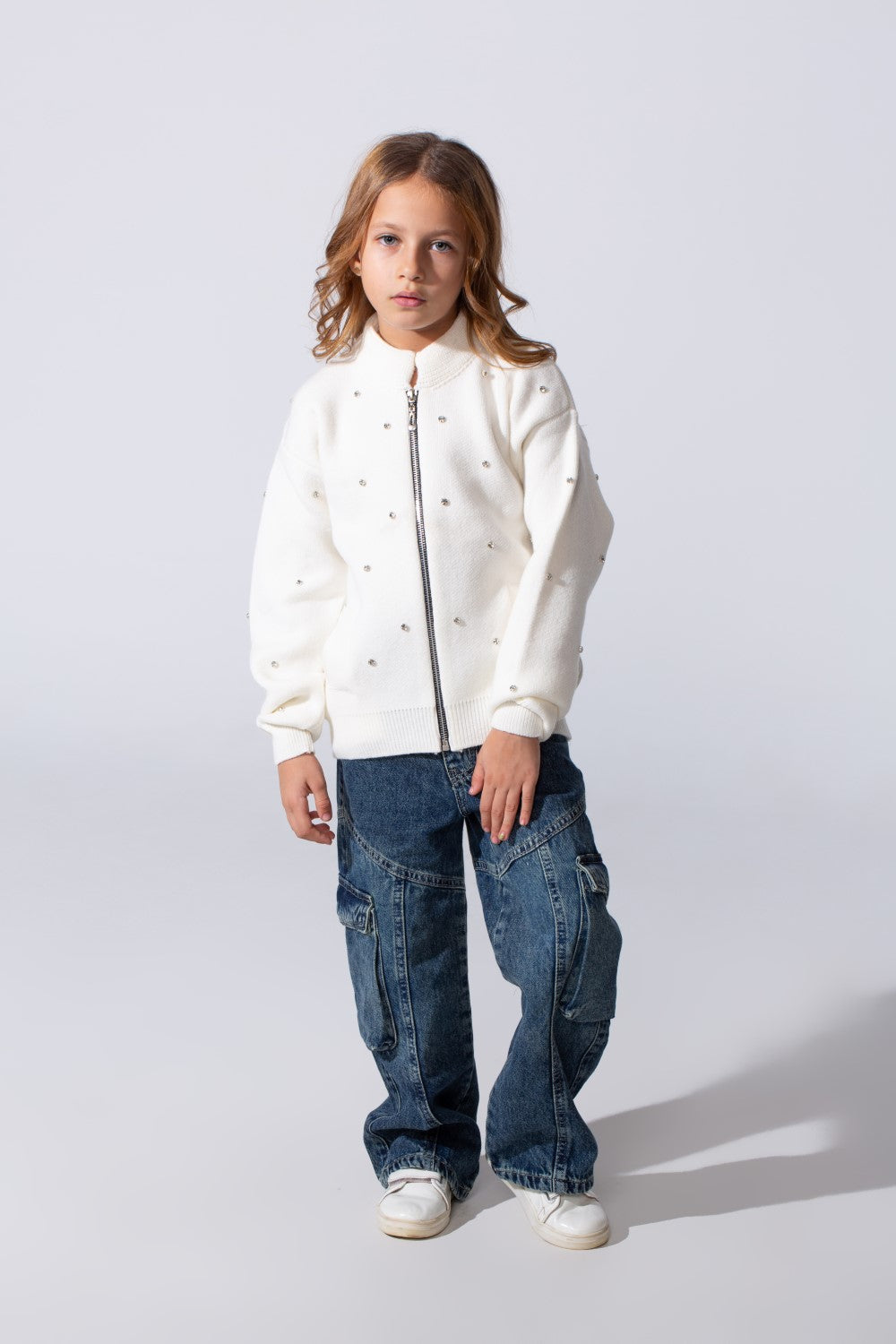 Girl's Knitted Zipper Pullover With Rhinestones And Side Pockets