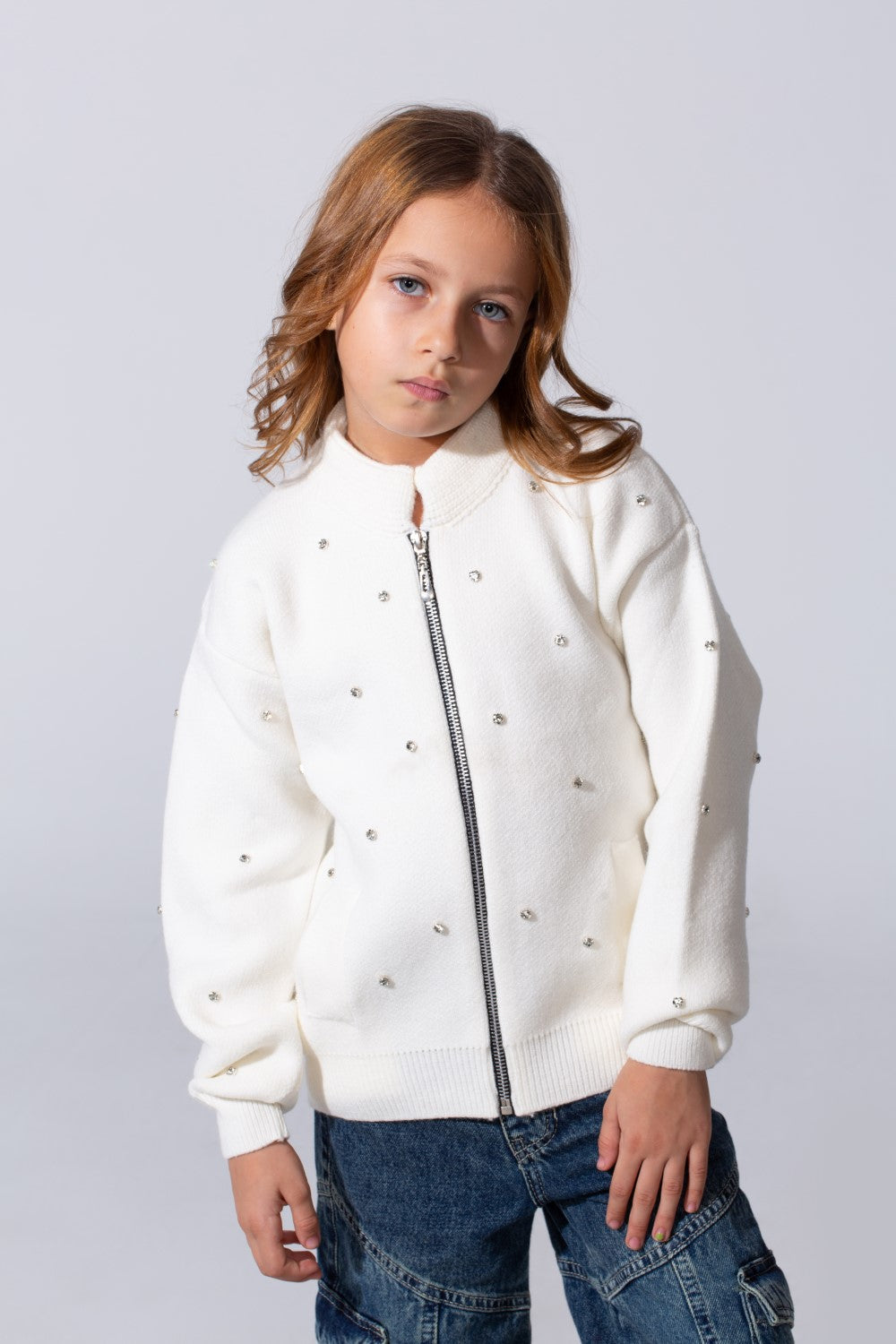 Girl's Knitted Zipper Pullover With Rhinestones And Side Pockets